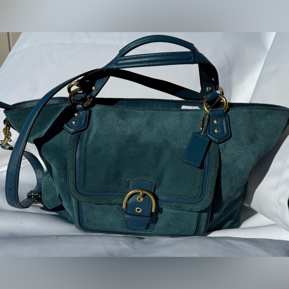 Coach Campbell Suede Belle Teal Suede Blue Leather Trim Brass Hardware 26800 - Picture 2 of 7